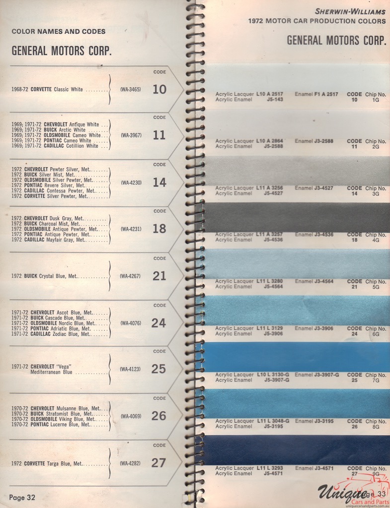 1972 General Motors Paint Charts Williams 1